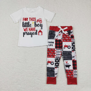 Promotional Letters Farm Life Red Boys Short Sleeve+Trousers Sets