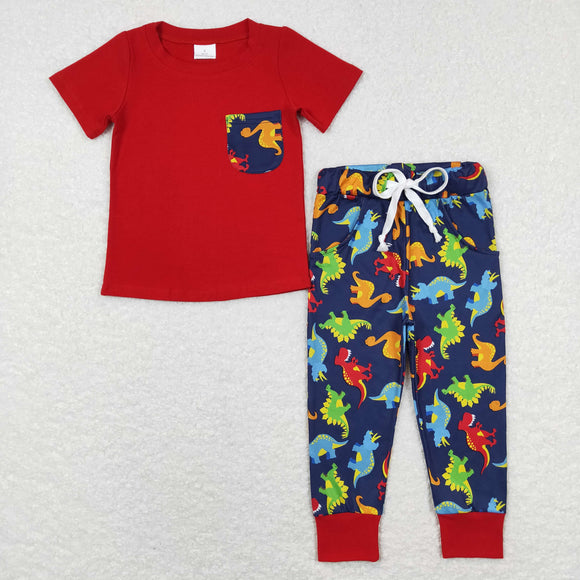 Colorful Dinosaur Pocket Red Navy Boys Short Sleeve+Trousers Sets