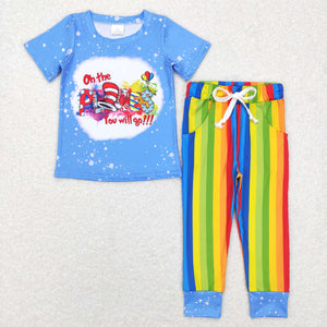 Places Cartoon Cats Blue Colorful Stripe Boys Short Sleeve+Trousers Sets