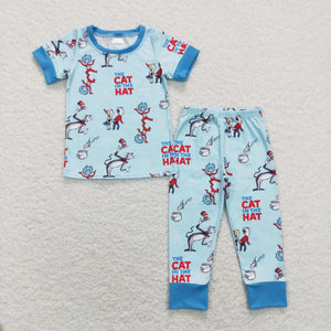 Cartoon Cats Blue Boys Short Sleeve Pajamas