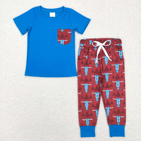 Highland Cow Hill Blue Red Boys Short Sleeve+Trousers Sets