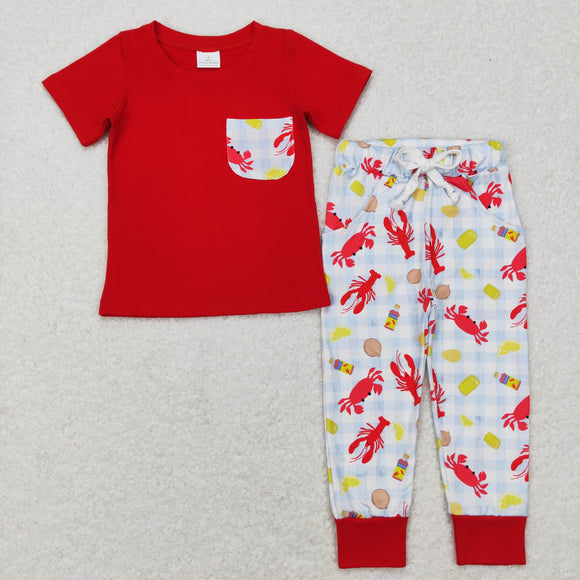 Crawfish Corn Plaid Red Boys Short Sleeve+Trousers Sets