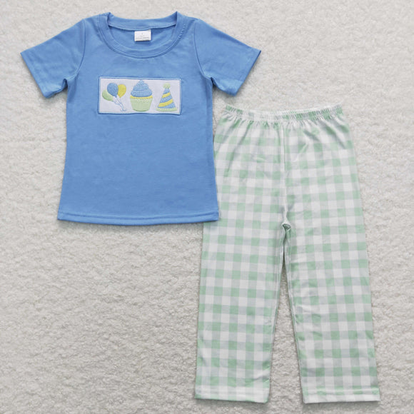 Birthday Balloon Cake Plaid Blue Boys Short Sleeve+Trousers Sets