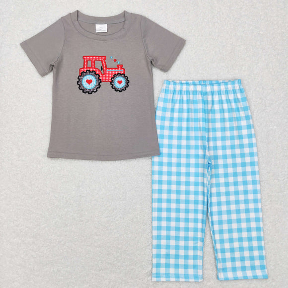 Heart Tractor Gray Blue Plaid Boys Valentines Outfits