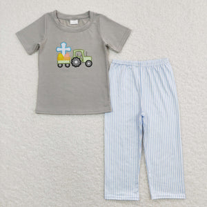 Cross Eggs Tractor Blue Stripe Gray Boys Easter Outfits