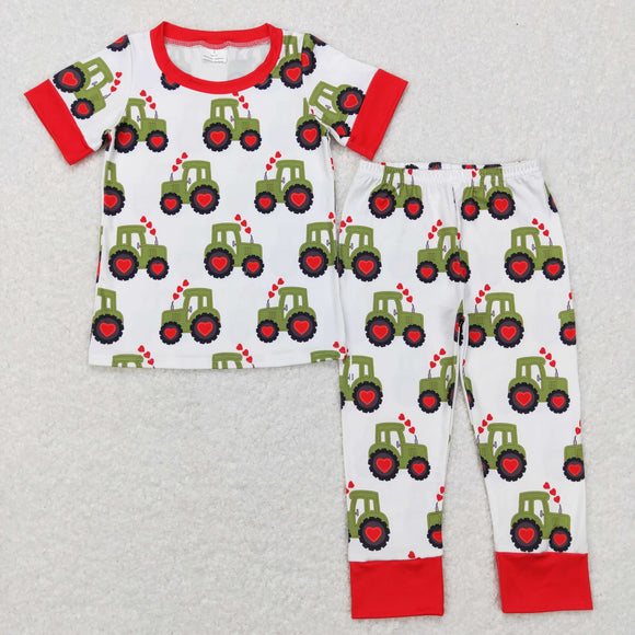 Heart Tractor Red White Boys Valentines Pajamas