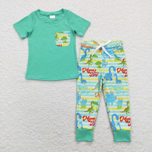 Mama's Boy Dinosaur Stripe Boys Short Sleeve+Trousers Sets