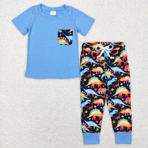 Colorful Dinosaur Pocket Blue Boys Short Sleeve+Trousers Sets