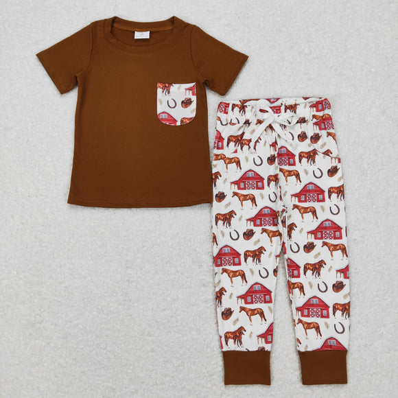 Farm Horse House Pocket Brown Boys Short Sleeve+Trousers Sets