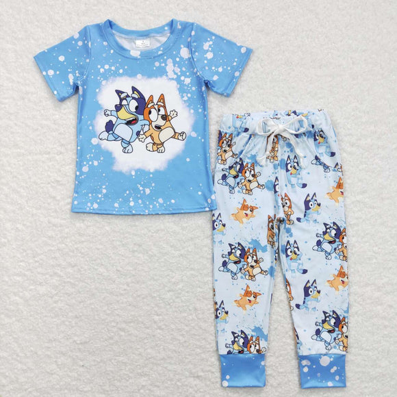 Cartoon Dogs Blue Boys Short Sleeve+Trousers Sets