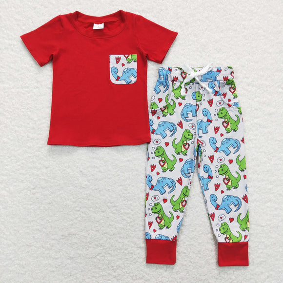 Dinosaur Heart Red Gray Boys Valentines Outfits