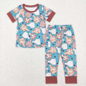 Cow Print Pocket Brown Boys Short Sleeve Pajamas