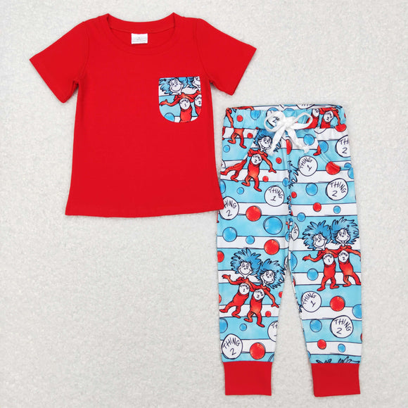 Cartoon Cats Stripe Pocket Red Boys Short Sleeve+Trousers Sets