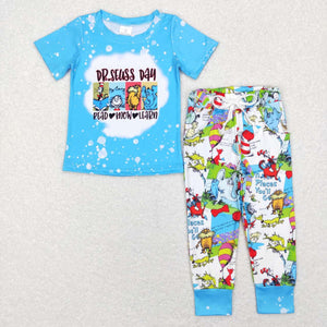 Cartoon Cats Read Blue White Boys Short Sleeve+Trousers Sets