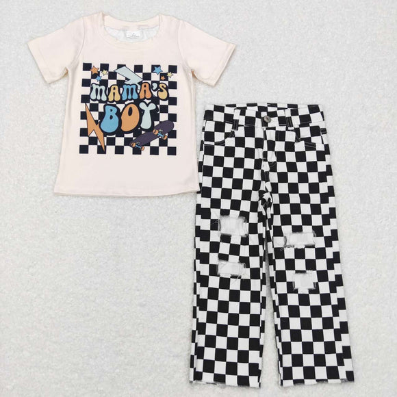 Mama's Boy Black White Plaid Jeans Boys Short Sleeve+Trousers Sets