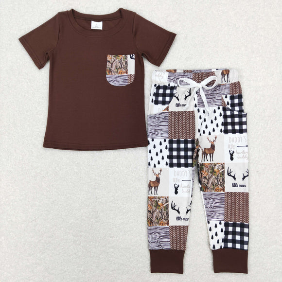 Deer Plaid Brown Boys Short Sleeve+Trousers Sets