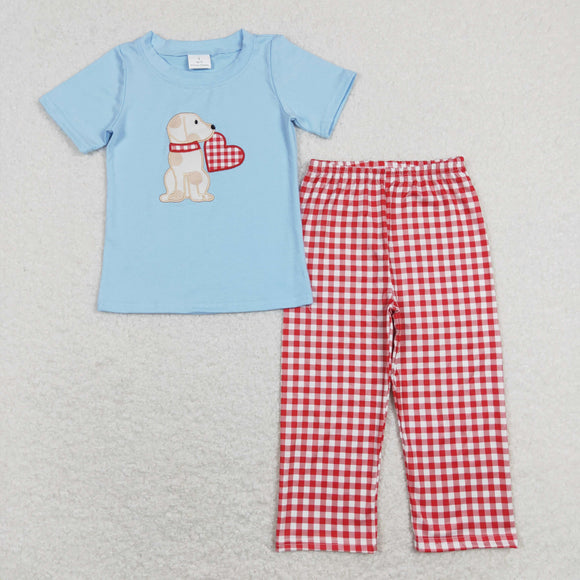 Dog Heart Red Plaid Blue Boys Valentines Outfits