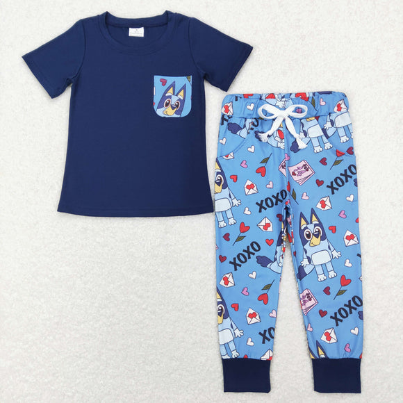 Cartoon Dogs XOXO Blue Boys Valentines Outfits