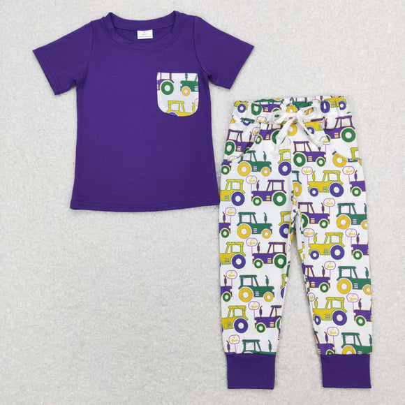 Tractor Pocket White Purple Boys Mardi Gras Outfits