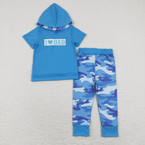 I Love Dad Camo Blue Hoodie Boys Short Sleeve+Trousers Sets