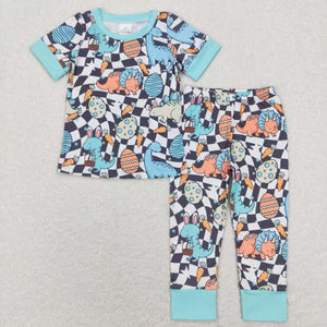 Dinosaur Eggs Plaid Bluish Boys Easter Pajamas