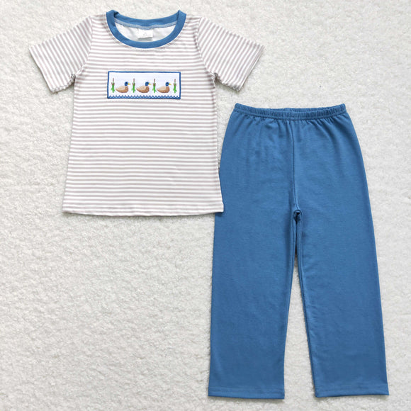 Duck Stripe Blue Boys Short Sleeve+Trousers Sets