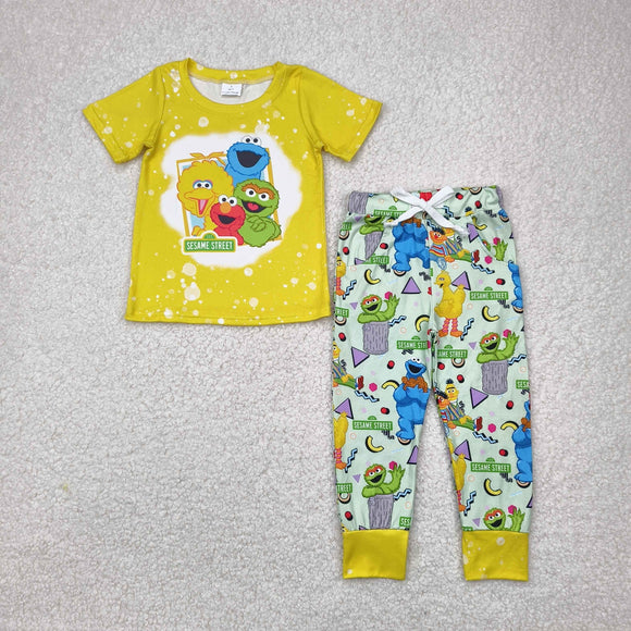Cartoon Yellow Green Boys Short Sleeve+Trousers Sets