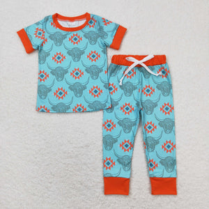 Aztec Highland Cow Blue Orange Boys Short Sleeve Pajamas