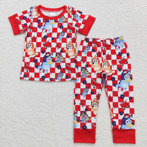 Cartoon Dogs Red Plaid Boys Short Sleeve Pajamas