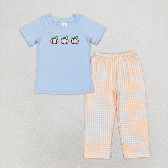 Three Pumpkins Orange Plaid Blue Boys Short Sleeve+Trousers Sets