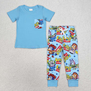 Cartoon Dog Story Blue Boys Short Sleeve+Trousers Sets