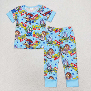 Bamboo Cartoon Dog Story Blue Boys Short Sleeve Pajamas