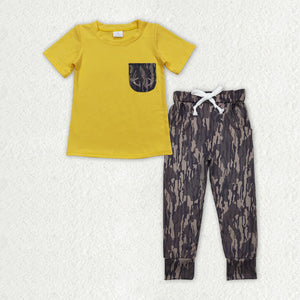 Deer Camo Pocket Yellow Boys Short Sleeve+Trousers Sets