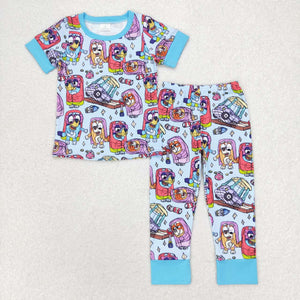 Cartoon Dogs Blue Boys Short Sleeve Pajamas