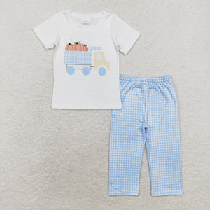 Pumpkin Truck Blue Plaid White Boys Short Sleeve+Trousers Sets