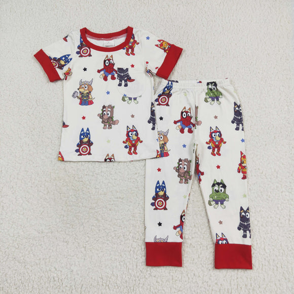 Cartoon Dog Hero Red Beige Boys Short Sleeve Pajamas