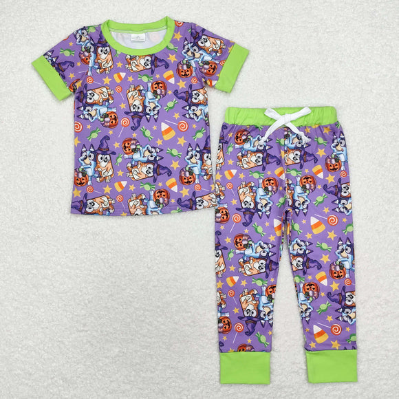 Cartoon Dogs Green Purple Boys Halloween Pajamas