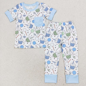 Cake Happy Birthday Pocket Blue White Boys Short Sleeve Pajamas