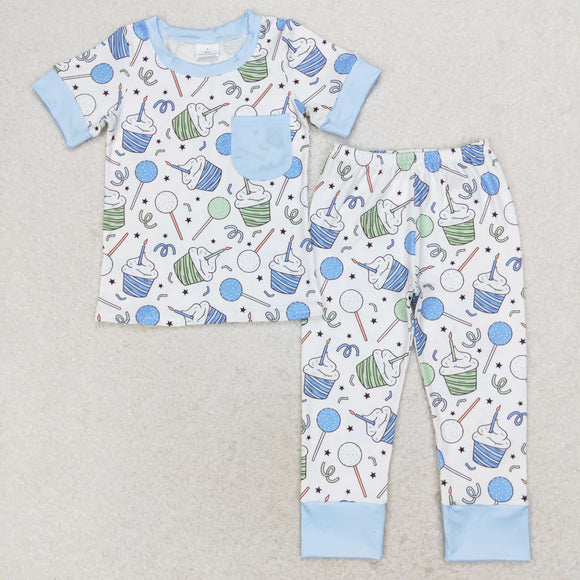 Cake Happy Birthday Pocket Blue White Boys Short Sleeve Pajamas