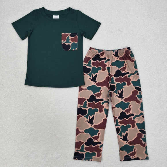 Duck Camo Pocket Dark Green Boys Short Sleeve+Trousers Sets