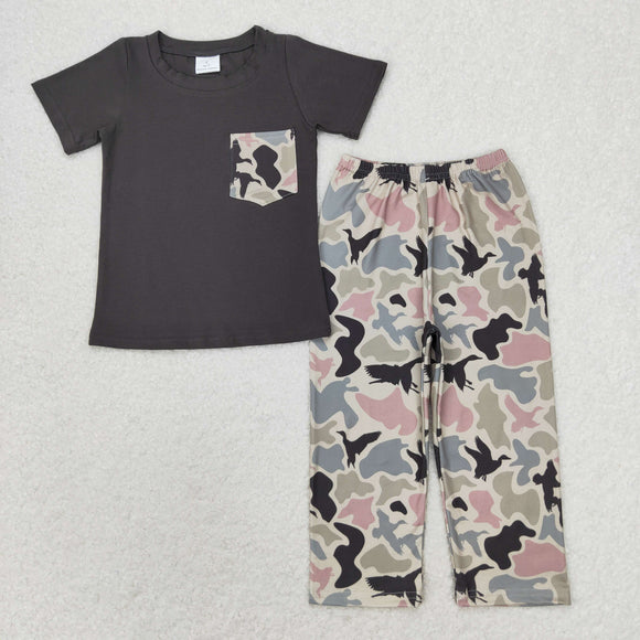 Camo Pocket Charcoal Gray Boys Short Sleeve+Trousers Sets