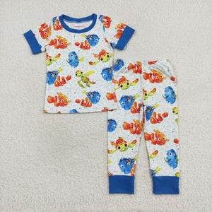 Cartoon Fish Blue Boys Short Sleeve Pajamas