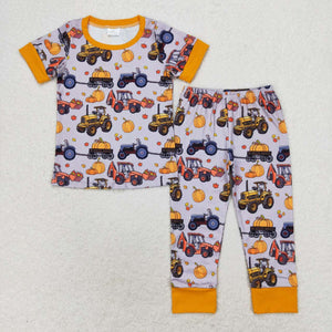 Pumpkin Tractor Gray Orange Boys Short Sleeve Pajamas