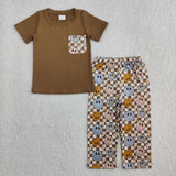 Smile Lightning Plaid Pocket Brown Boys Short Sleeve+Trousers Sets