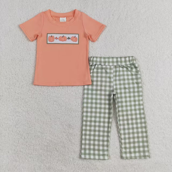 Pumpkins Leaves Green Plaid Pastel Orange Boys Short Sleeve+Trousers Sets