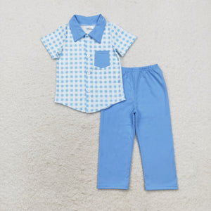 Pocket Blue Plaid Boys Short Sleeve+Trousers Sets