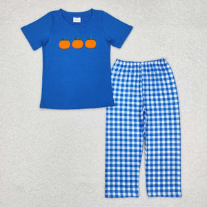 Pumpkin Plaid Blue Boys Short Sleeve+Trousers Sets