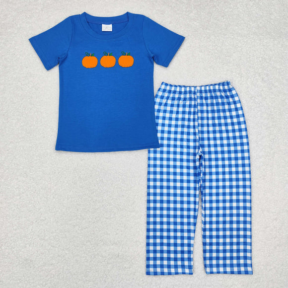 Pumpkin Plaid Blue Boys Short Sleeve+Trousers Sets