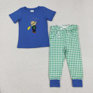 Fishing Green Plaid Blue Boys Short Sleeve+Trousers Sets