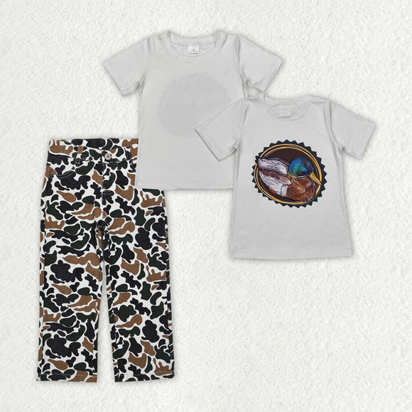 Duck White Camo Denim Boys Short Sleeve+Trousers Sets